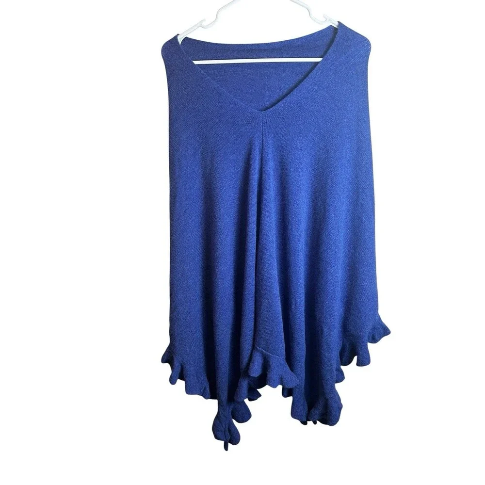Hannah Rose 100% Cashmere Ruffle Hem Poncho Sweater Royal Blue OS